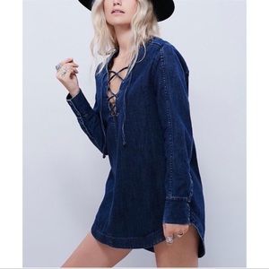 Free People Neapolitan Dreams Denim Tunic Lace Up Plunge Long Sleeve Dress Small